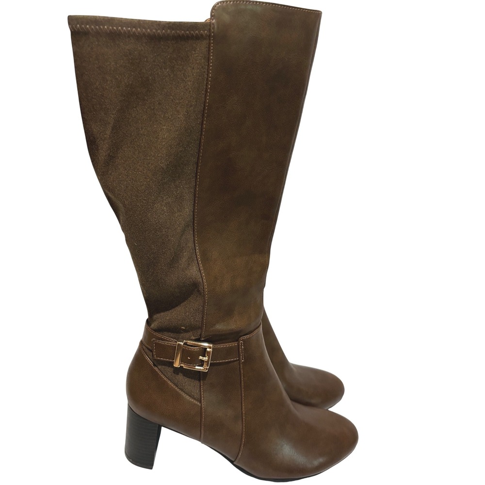 Abella Brown two tone Faux Leather Knee High Block Heel Boots Sz 9.5 Buckle work